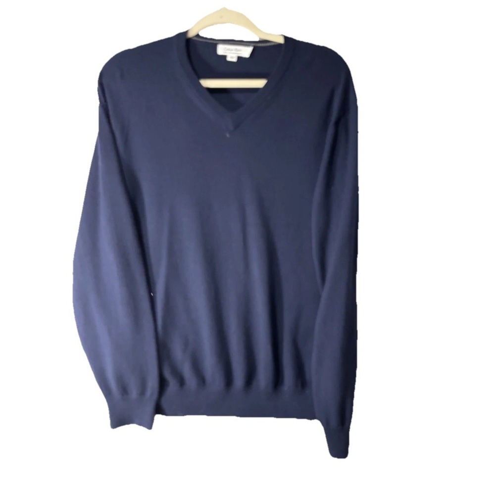 Calvin Klein Sweater Mens Large Navy Blue Extra Fine Italian Merino Wool V Neck